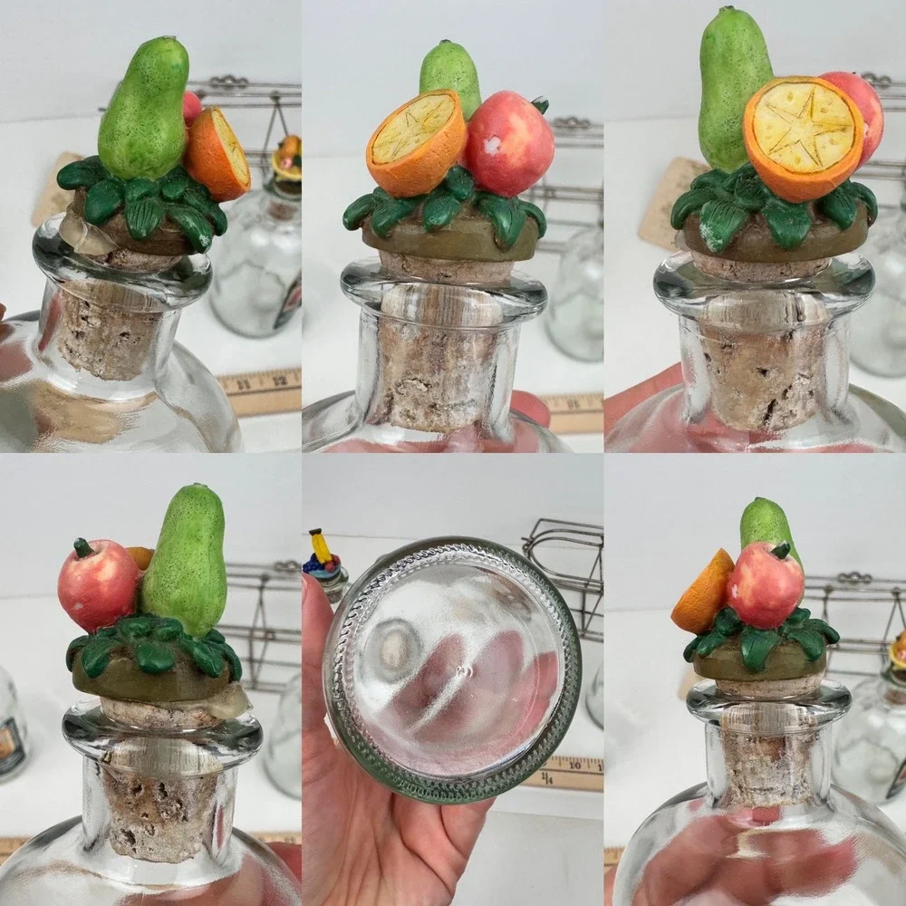 Vtg Natur 90s EMPTY Glass Bottles w Cork Fruit 3D Lid w Metal Carrier Foam Bath